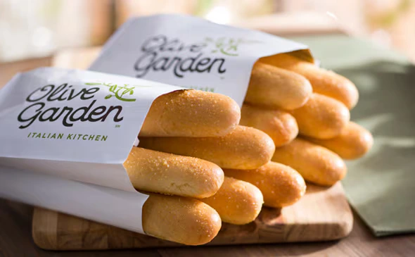 Freshly baked breadsticks at olive garden