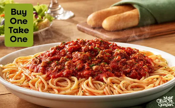 Spaghetti with meat sauce from Olive Garden menu classic Italian pasta dish