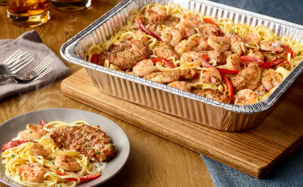 Chicken and shrimp carbonara family-size dish from Olive Garden menu