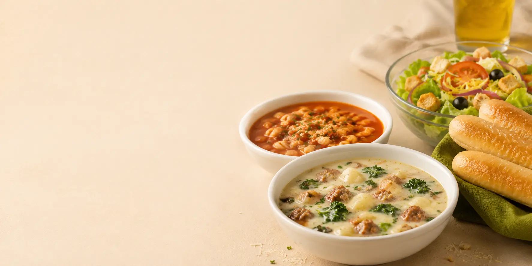 Olive Garden homemade soups, famous house salad and warm garlic breadsticks