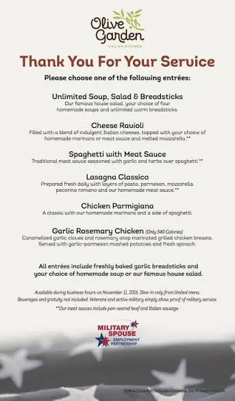 Olive Garden Veterans Day Menu