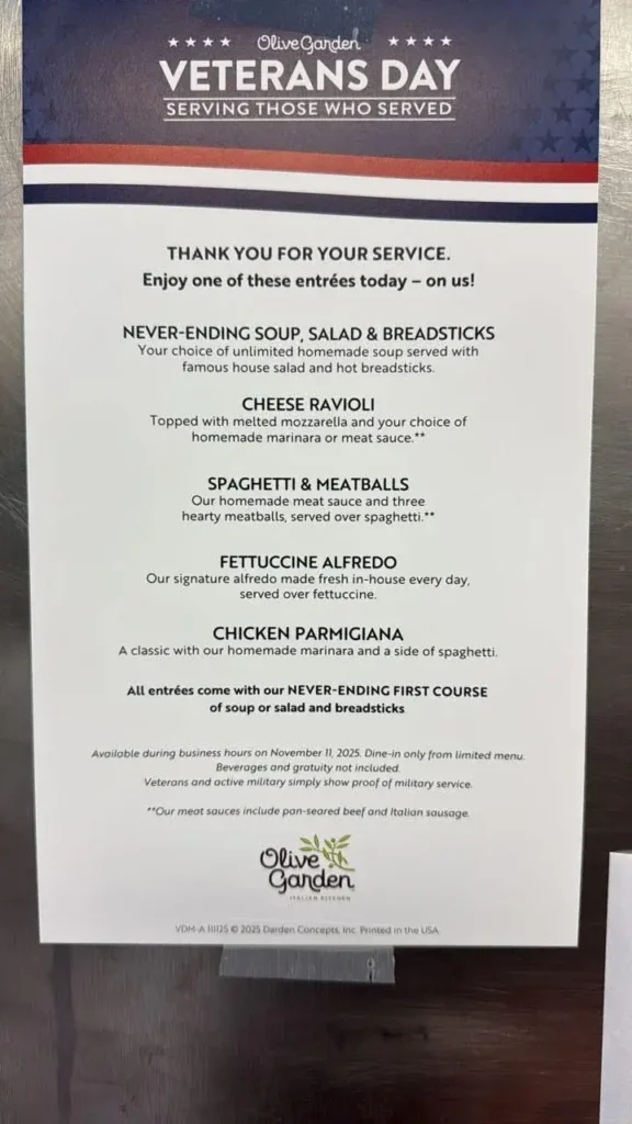 Olive Garden Veterans Day offers