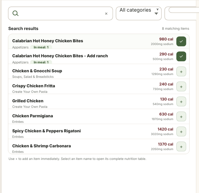 Olive Garden Nutrition Calculator