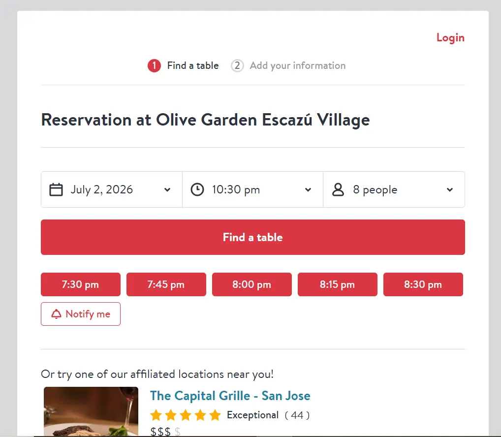 Olive Garden Available Reservation Time