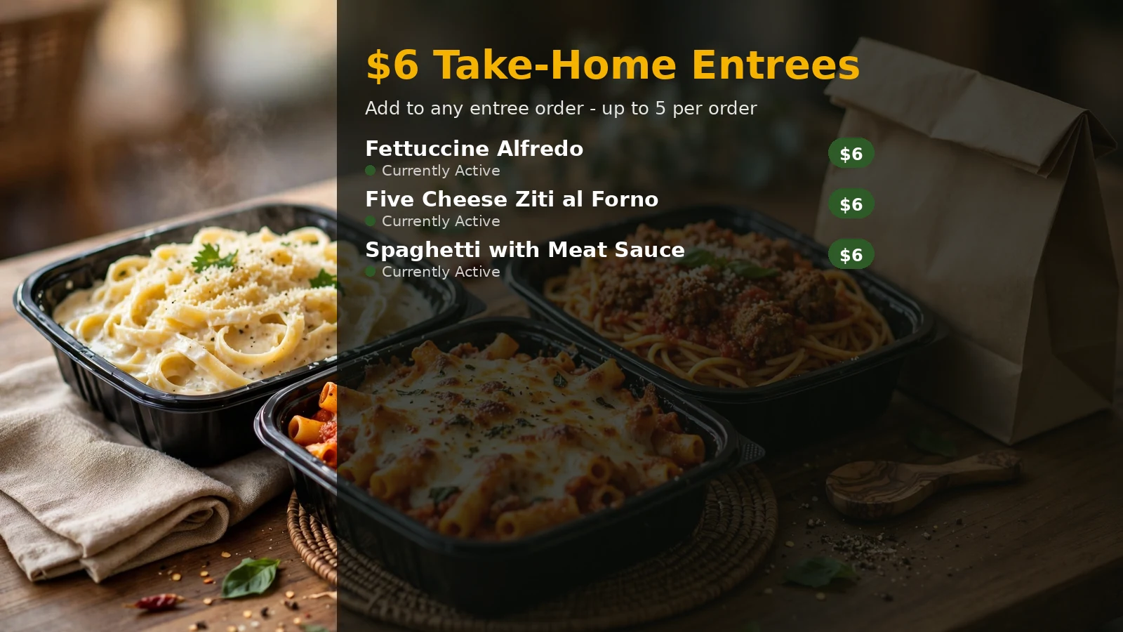 $6 take-home entrées infographic — Fettuccine Alfredo, Five Cheese Ziti al Forno, Spaghetti with Meat Sauce