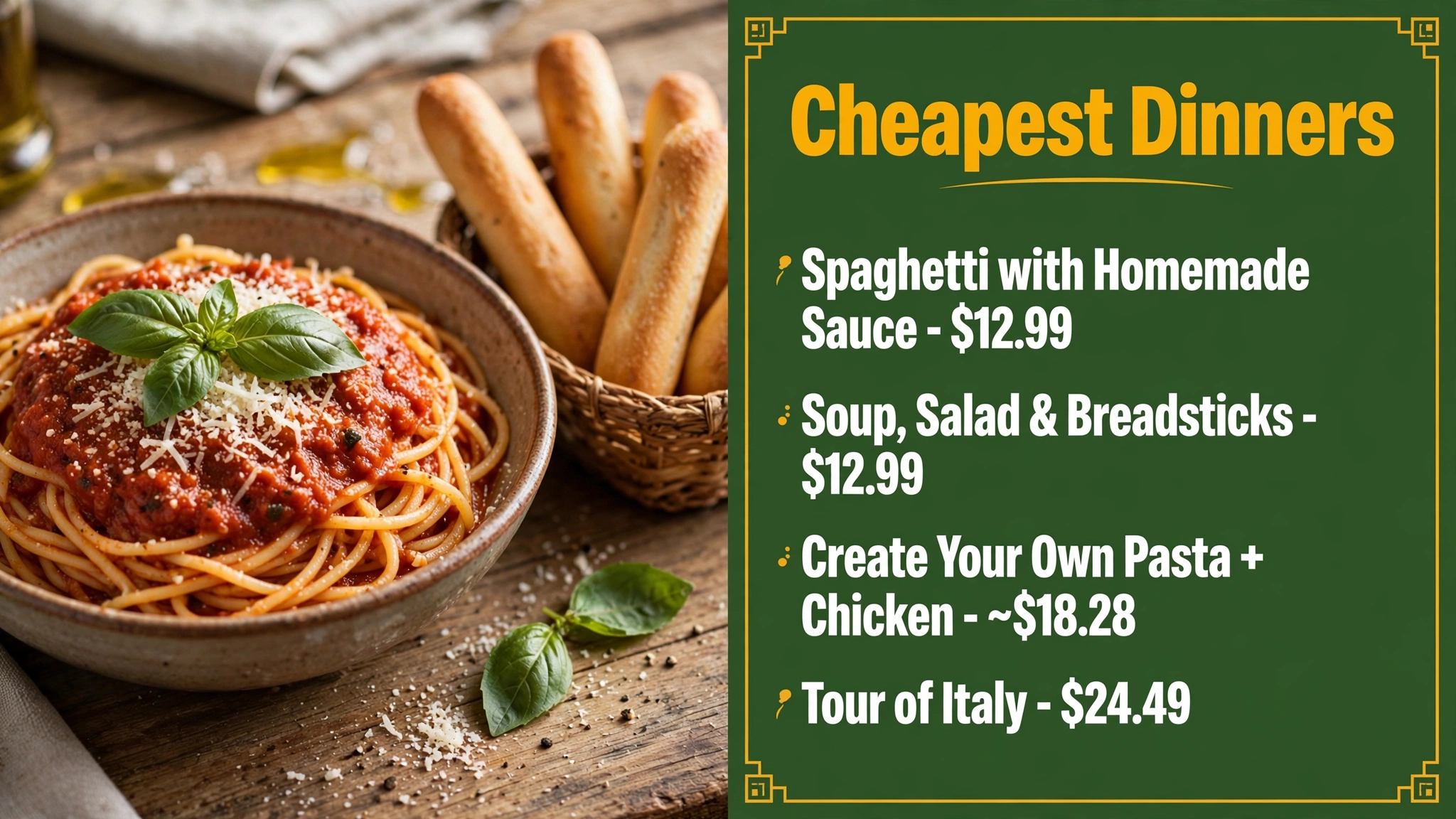 Olive Garden cheapest dinners infographic — Spaghetti with Homemade Sauce $12.99, Soup Salad and Breadsticks $12.99, Create Your Own Pasta with chicken ~$18.28, Tour of Italy $24.49