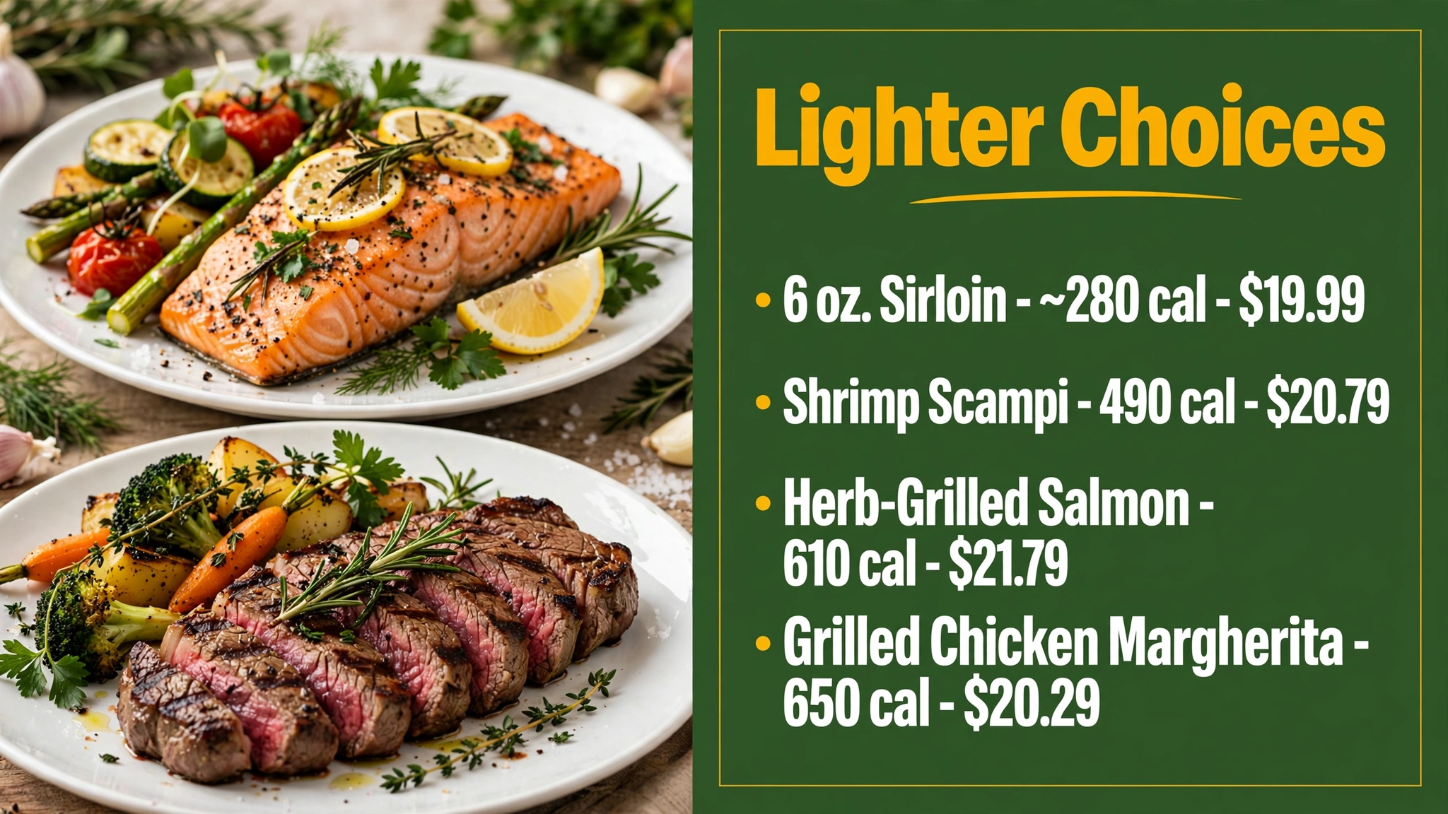 Olive Garden Lighter Choices infographic — lowest-calorie dinners with prices: 6 oz. Sirloin ~280 cal, Shrimp Scampi 490 cal, Herb-Grilled Salmon 610 cal, Grilled Chicken Margherita 650 cal