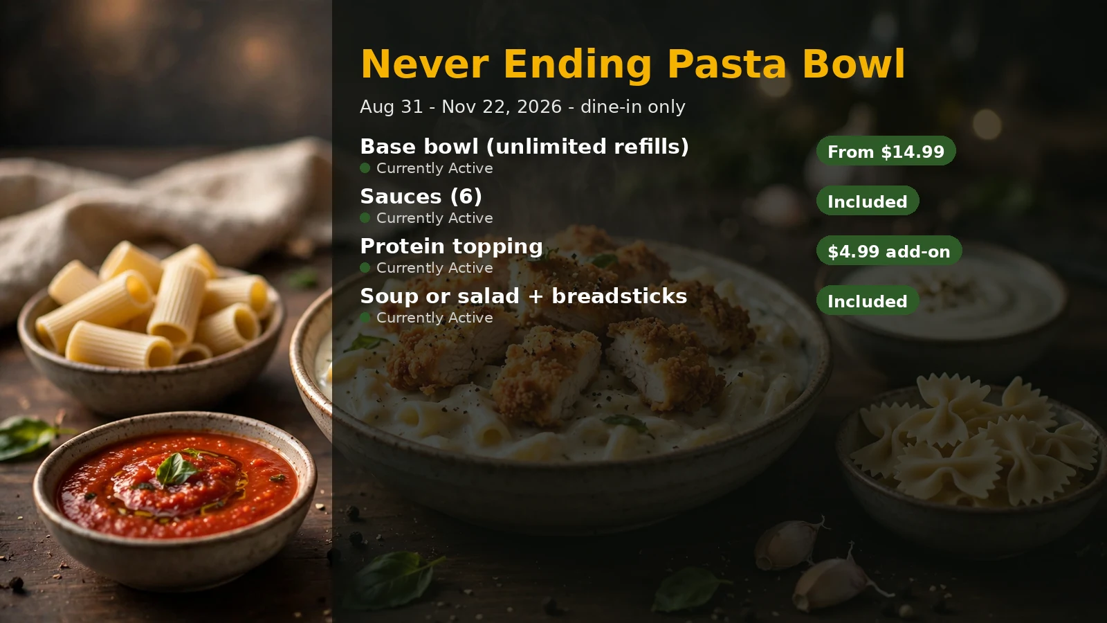 Never Ending Pasta Bowl 2026 components and prices infographic